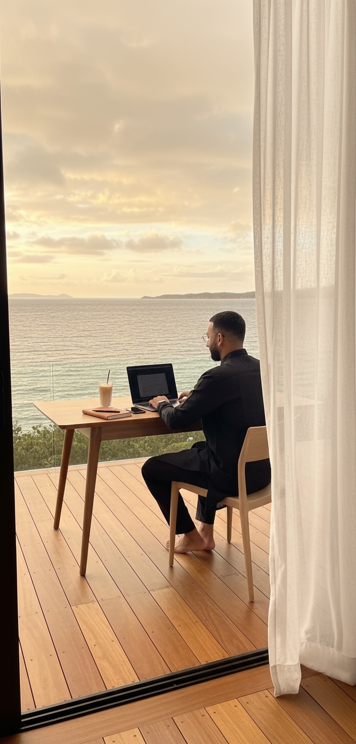 Jay Ali working from an oceanfront retreat at sunrise